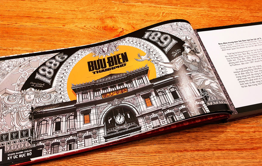 Trang vẽ về bưu điện thành phố qua lời văn của Phạm Công Luận. Ảnh: Phương Nam Book